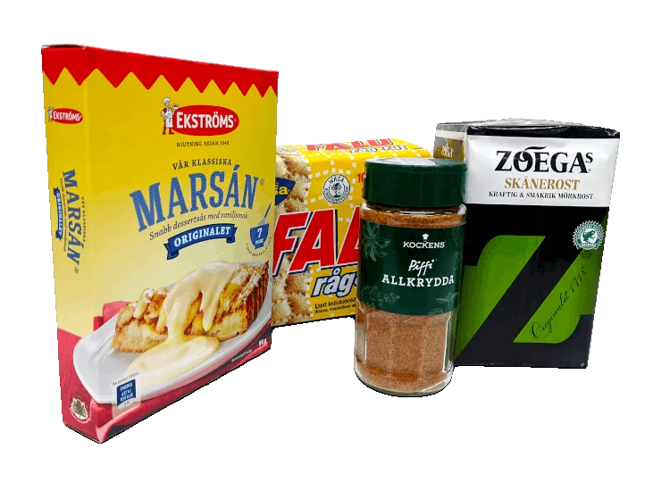 Swedish food items, Ekstroms marsan, Falu Rag-rut, Kockens Piffi allkrydda and Zoegas skanerost