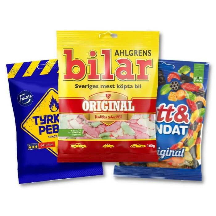 Top 3 bestsellers of our Swedish candy products. Ahlgrens Bilar original, Fazer Tyrkisk Peber and Malaco gott & blandat