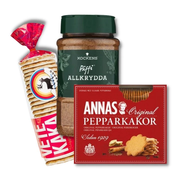 Top 3 bestsellers of our Swedish food products. Polarbröd Vetekaka, Kockens Piffi Allkrydda and Annas Pepparkakor